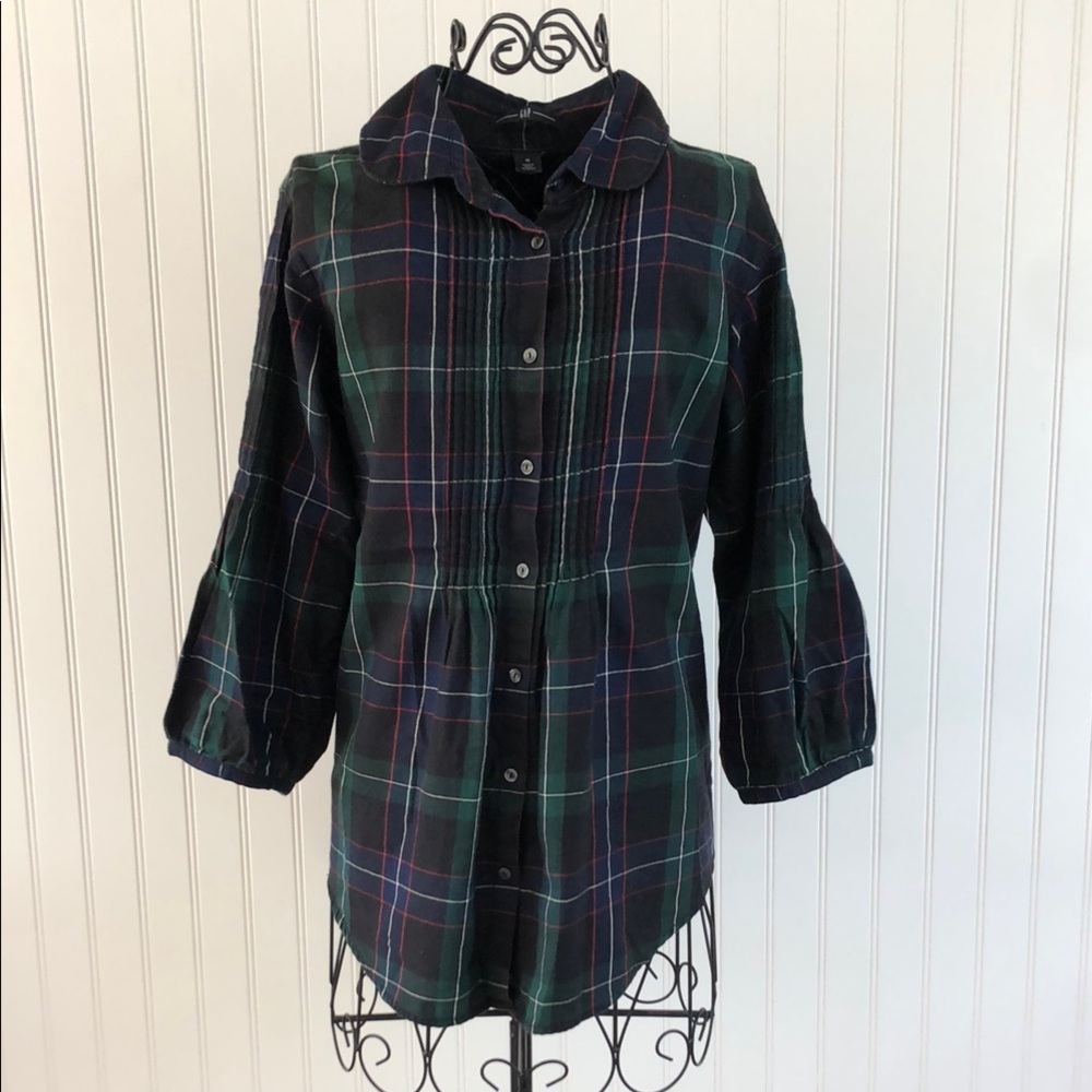GAP Women's Plaid Button Down Shirt with Three-quarter Sleeves